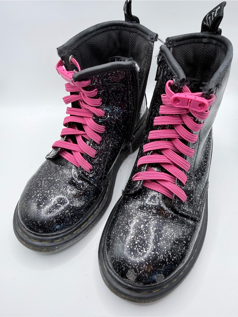Dr. Martens 1460J black glitter combat boot w/pink laces, 13 US Kids